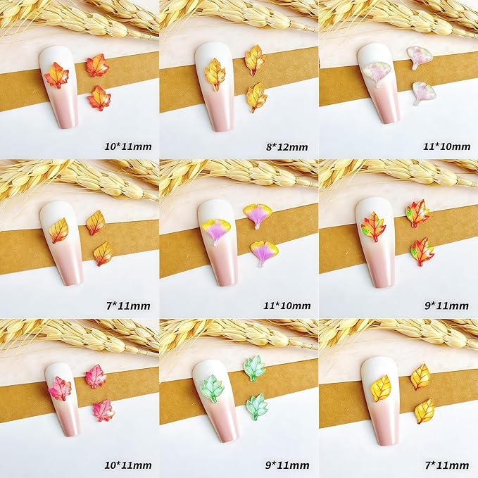 100 Pcs Fall Nail Art Charms Multi Shape Resin Maple Leaves Nail Charms 3D Flat Back Autumn Maple Leaf Ginkgo Leaf Design Nail Art Rhinestones Jewelry for DIY Thanksgiving Nail Decoration