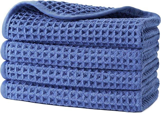 POLYTE Microfiber Lint Free Washcloth Face Towel, 13 x 13 in, 4 Pack (Waffle Weave)