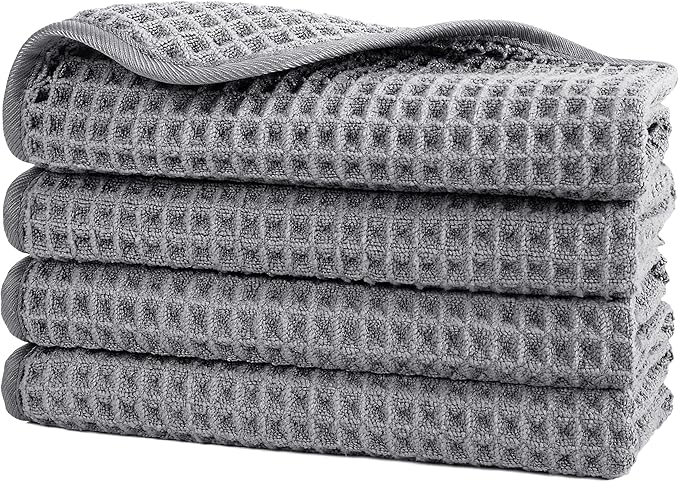 POLYTE Microfiber Lint Free Washcloth Face Towel, 13 x 13 in, 4 Pack (Waffle Weave)
