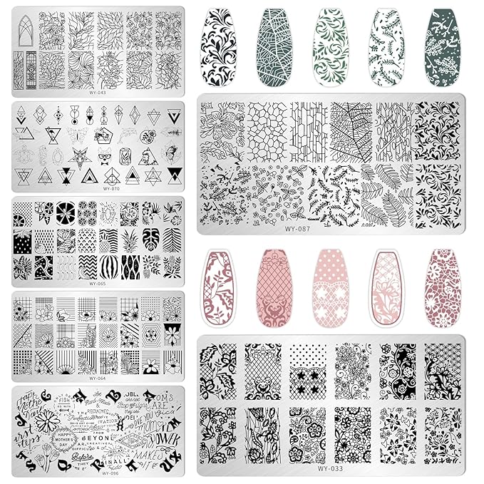 AddFavor Nail Stamping Plate Kit with Nail Stamp and Scraper, 6pcs Leaf Fruit Geometric Nail Stamper Kit for Home Salon Manicure Polish Print Stencils Design Tools