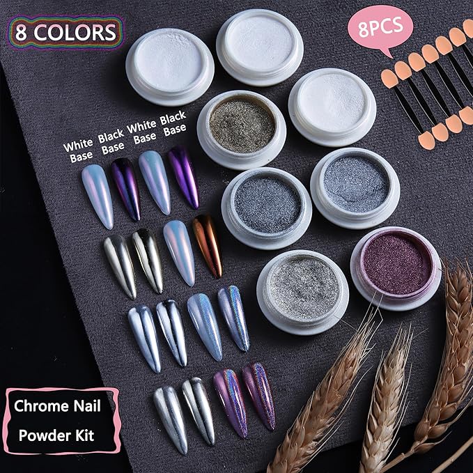 Chrome Nail Powder 8 Colors Chrome Powder for Nails Art Glitter Mirror Effect Holographic Pigment Aurora Iridescent Chameleon Powder 8g/Jar,Manicure Decoration Supplies,8 Sponge Sticks