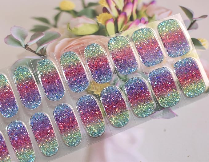 Semi Cured Gel Nail Strips Glitter Gel Nails Sticker 22pcs Rainbow Sequins Nail Wraps for Home Nails DIY