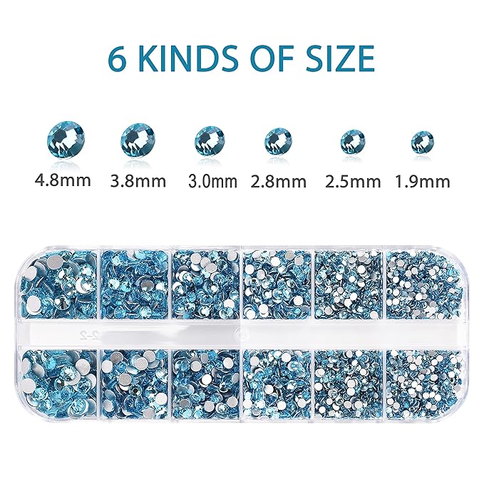2400 Pcs Flatback Gems Rhinestones Round Crystal Nail Gems 6 Sizes (1.5-4.8 mm) Nail Jewels Glass Diamonds Stones Kit with Tweezers and Picking Pen, for Nail Art DIY Craft Eye Makeup (Aquamarine)