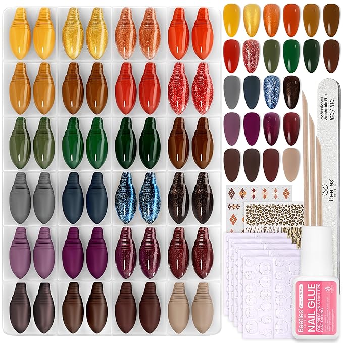 Beetles Press On Nails Kit - Prism Parade | 720Pcs 24 Colors Short Almond Press On Nails | 15 Sizes Matte Glossy Glitter With Nail Glue & Nail Tabs Stickers, Fake Nails Kit Art For Women