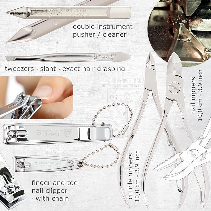 3 Swords Germany - brand quality 10 piece manicure pedicure grooming kit set for nail care scissors clipper pink synthetic leather case - Made by 3 Swords