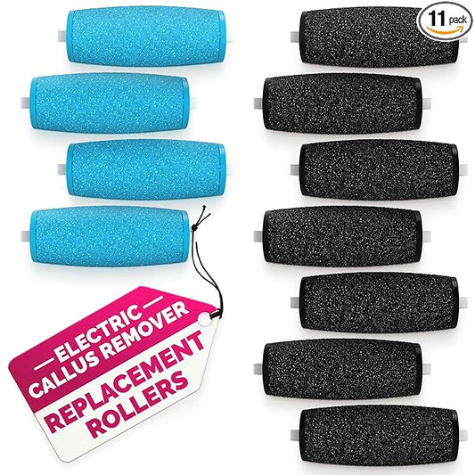 11 Pcs Replacement Rollers for Electric Foot Callus Remover Tool - 7 Extra Coarse & 4 Regular Coarse Refill Heads (1.92 x 0.65 Inches), Micro-Diamond Crystals - Compatible with Amope Pedi Perfect Pro