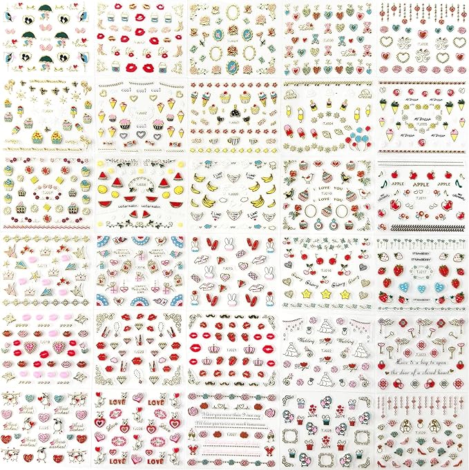 30 Sheets Valentine's Day Nail Art Stickers Red Heart Nail Decals 3D Self-Adhesive Rose Lip Kiss Nail Supplies DIY Acrylic Nails Decoration Accessories for Women and Girls