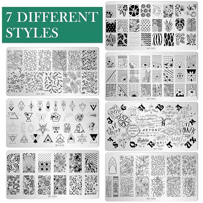 AddFavor Nail Stamping Plate Kit with Nail Stamp and Scraper, 6pcs Leaf Fruit Geometric Nail Stamper Kit for Home Salon Manicure Polish Print Stencils Design Tools