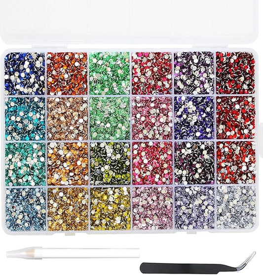 24000Pcs Nail Art Rhinestones, BetterJonny 24 Colors 3mm Round Nail Flatback Rainbow Gems Set with Tweezers and Pencil AB Glitter Flat-Bottomed Rhinestone for Crafts Decoration and Jewelry Making