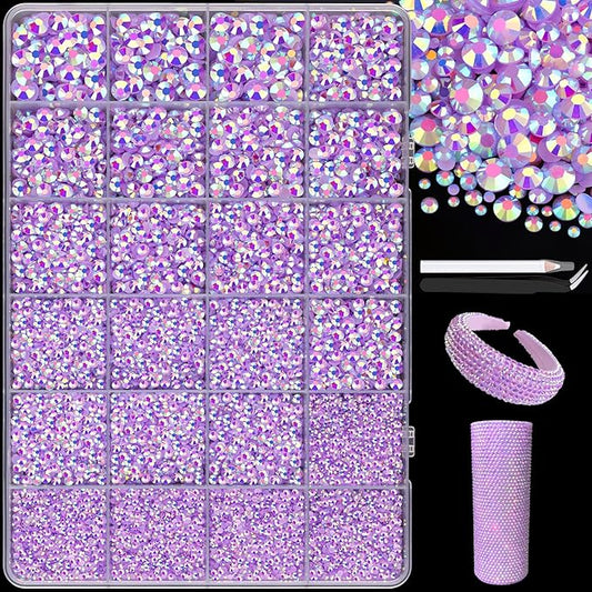 25000Pcs Resin Jelly Rhinestones with Tweezers for Crafting, 2-6mm Mixed Sizes (Lavender Purple AB) Non Hotfix Flatback Gems, Bedazzling Crystal for DIY Crafts Clothing Tumblers Shoes Decor Nail Art