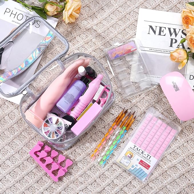 Nail Kit for Beginners with Everything: Practice Hand Acrylic Nail Set Professional Powder Drill Liquid Starter Kits with U V Lamp in Cosmetic Gift Bag for Women Salon Home (Sliver)