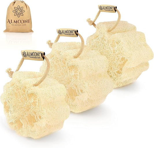 Almooni Mini Natural Loofah Sponge - Real Egyptian Shower Exfoliating Loofah - Small Loofah Scrubber for The Perfect Grip - 3 Count(1 Pack)
