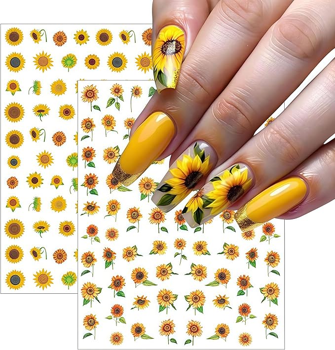 6 Sheets Spring Daisy Nail Art Stickers Sunflower Decals Yellow Daisy Design with Small Daisies White Floral Flowers Sunflowers Leaf for Women Manicure Decorations
