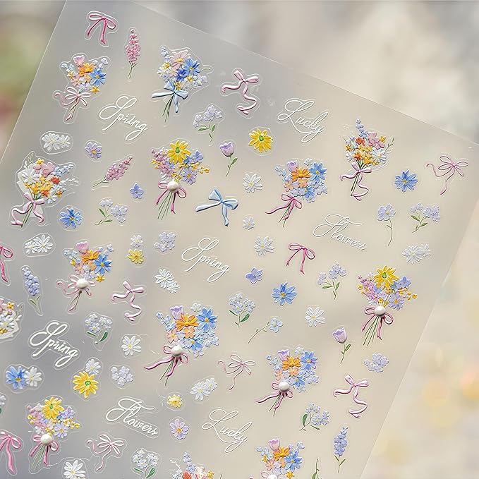 Spring Flowers Nail Stickers 5D Self-Adhesive Embossed Ribbon Bow Floral Pearl Rhinestones Design Decals Spring Romantic Flowers Nail Art Charms for Women DIY Decorations Exquisite Cardboard 1Sheets