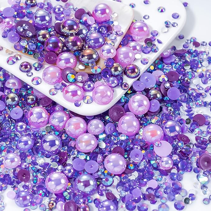 60g Mix Purple Flatback Rhinestones Half Pearls for Crafting, Mixed Size 3mm-10mm Resin Rhinestones for Bedazzling, Small Pearls for DIY Tumblers Mugs Nail Art Shoes Clothes with Glue
