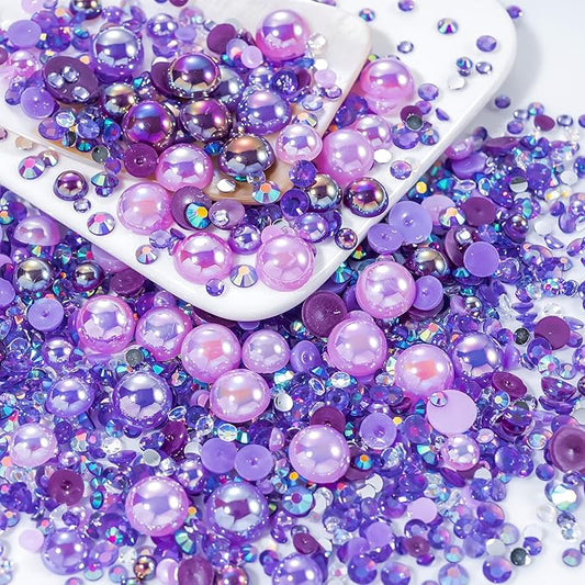 60g Mix Purple Flatback Rhinestones Half Pearls for Crafting, Mixed Size 3mm-10mm Resin Rhinestones for Bedazzling, Small Pearls for DIY Tumblers Mugs Nail Art Shoes Clothes with Glue