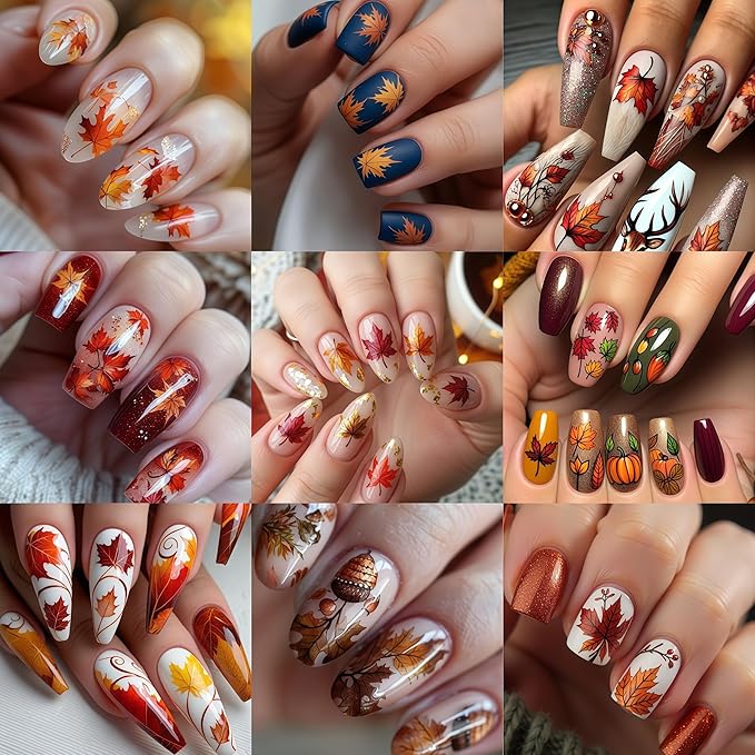 6 Sheets Fall Nail Art Stickers Decals Thanksgiving Day Pumpkin Nail Decals 3D Self-Adhesive Autumn Maple Leaves Pumpkin Design Maple Leaf Nail Art Sticker for Women Holiday DIY Manicure Decoration