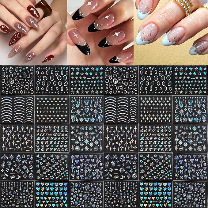 30 Sheets Star Nail Sticker Aurora Nail Art Stickers Moon Bow Heart Letter Design 3D Self-Adhesive Nail Decals for Women Girls DIY Nail Art Decoration