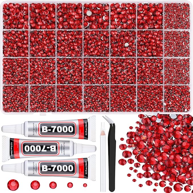 32000Pcs Resin Rhinestones for Bedazzling with 3Pcs B7000 Jewelry Glue, Red Flatback Gems Rhinestones for Crafting, Clothing Tumblers Mugs Shoes Fabric Decor Nail Art