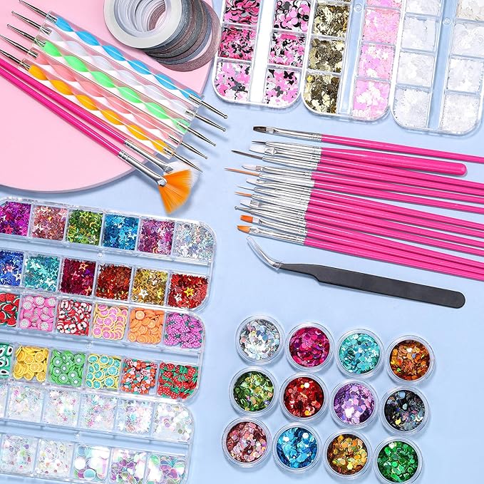 Nail Art Kit for Beginners with Nail Brushes Set and Dotting Tools, Jumbo Holographic Glitter Sequins Mixed Flower Heart Glitter Flake Colorful Striping Tape Fruit Slices with Tweezers (01-Rose)
