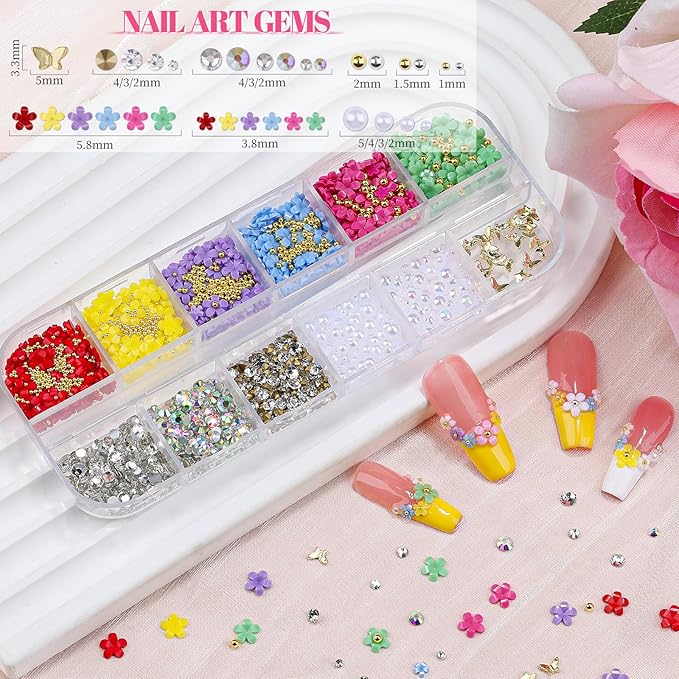 2 Boxes Colorful Flower Nail Charms and Gems, Pink Nail Flower Charms Metal Butterfly Crystal AB Clear Gemstones Silver/Gold Caviar Beads White/AB Pearls with Nail Chain for DIY Nails (5-S2-Mixed2)