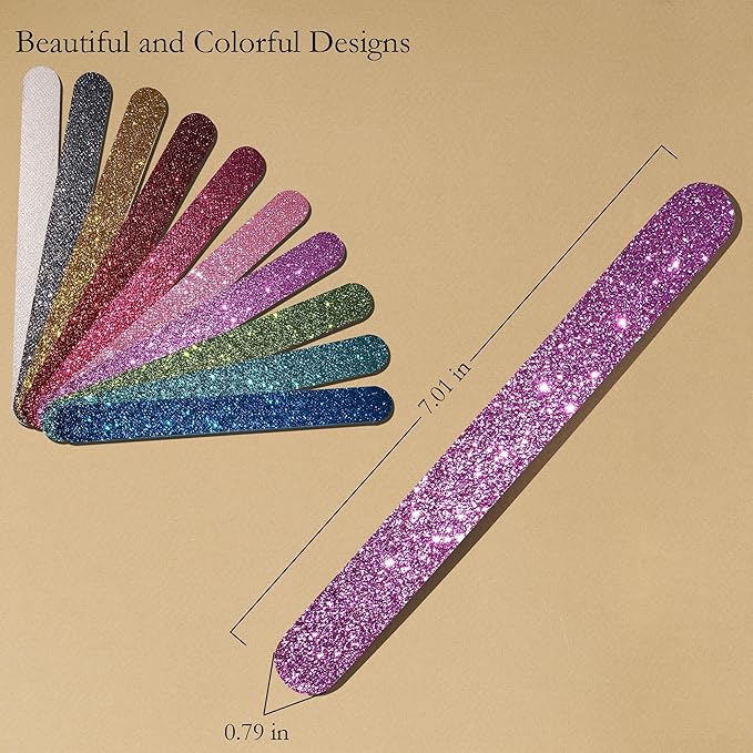 Glitter Colorful Nail File Strips - Manicure and Pedicure Nail Buffers - Double Sided Filers for Shaping and Smoothing Toenails and Fingernails (Regular, 10)