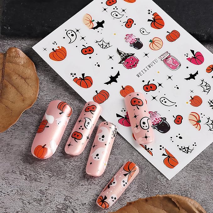 6 Pcs Halloween Nail Art Stickers Cute Ghost Pumpkin 3D Self-Adhesive Nail Decals Scary Bat Black Cat Spider Web Pattern Nail Decals for Women Girls DIY Nail Designs Supplies for Halloween Party