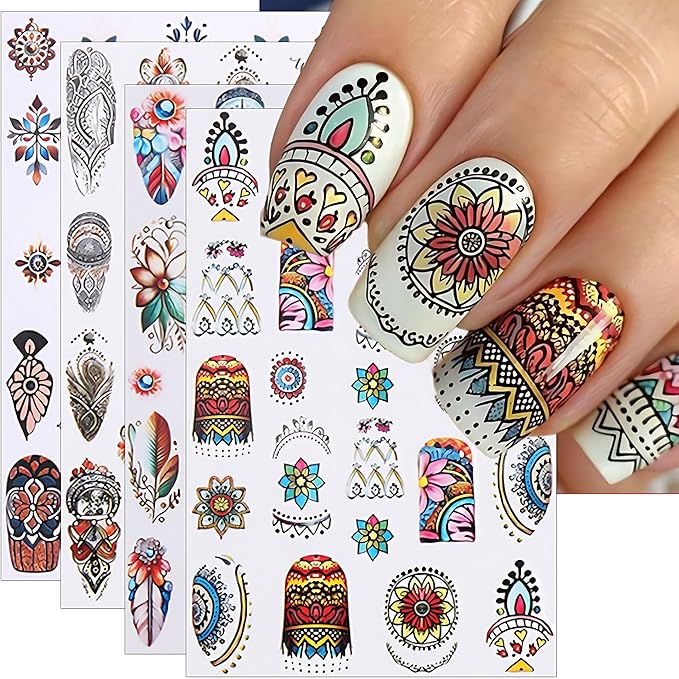Bohemian Style Nail Stickers - Boho Chic Dreamcatcher Ethnic Tribal Feathers Self-Adhesive 3D Nail Decals for Women DIY Totem Manicure(4 Sheets)