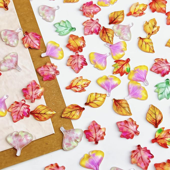 100 Pcs Fall Nail Art Charms Multi Shape Resin Maple Leaves Nail Charms 3D Flat Back Autumn Maple Leaf Ginkgo Leaf Design Nail Art Rhinestones Jewelry for DIY Thanksgiving Nail Decoration