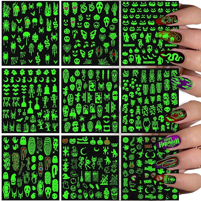 9 Sheets Luminous Halloween Nail Stickers for Women, Pumpkin Bat Ghost Witch Skull Scratches Nail Art Stickers for Girls Kids Nail Art Halloween Decoration