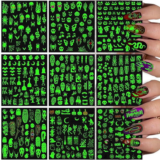 9 Sheets Luminous Halloween Nail Stickers for Women, Pumpkin Bat Ghost Witch Skull Scratches Nail Art Stickers for Girls Kids Nail Art Halloween Decoration