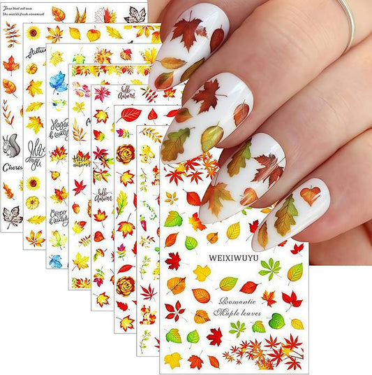 8 Autumn Maple Leaf Nail Art Stickers 3D Self-Adhesive Golden Maple Leaf Ginkgo Leaf Squirrel Cute Nail Decal Designs Women Girls Thanksgiving Nail Art Decoration Supplies
