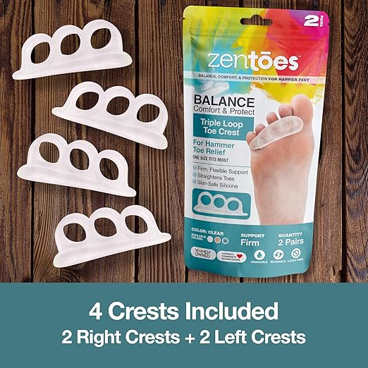 ZenToes Hammer Toe Corrector for Women & Men | Triple Loop Gel Toe Spacers & Separators | Realign Bent, Crooked, Curled, Claw, Hammertoes | Firm Support for Straightening | 4 Pack, Clear