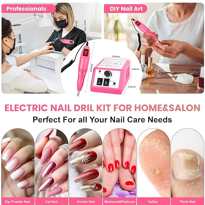 20000RPM Professional Electric Nail File Kit, 156pcs Sanding Bands and Nail Drill Bits for Acrylic, Gel Nail Manicure Gel Nail Polish Remover (Pink)