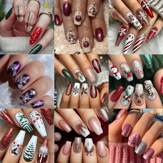 3 Sheets Christmas Nail Art Stickers 5D Micro Embossed Red Bow Holly Leaf Nail Decals Winter Purple Christmas Tree Snowmen Snowflake Design Santa Hat Nail Supplies for Women Holiday Manicure DIY