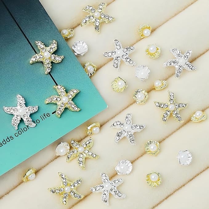 24Pcs Gold Silver 3D Mixed Color Starfish Nail Charms Alloy Summer Beach Nail Art Rhinestones Pearl Metallic Shell Nail Jewelry Ocean Theme Starfish Sea Series Nail Supplies Manicure Gems for Women