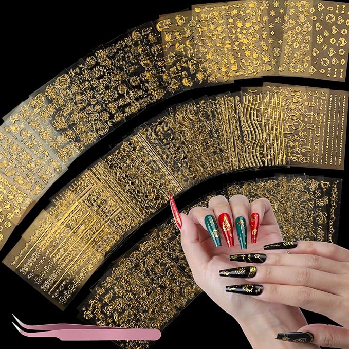 Teenitor 50 Sheets Nail Stickers for Nail Art, Nail Decals Gold Nail Stickers for Kids Women in Fall Winter Halloween Christmas, Nail Decorations