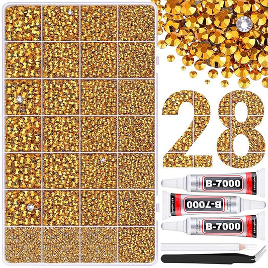 30000Pcs Resin Rhinestones for Bedazzling with 3Pcs B7000 Jewelry Glue, Mine Gold Flatback Gems Rhinestones for Crafting, Clothing Tumblers Mugs Shoes Fabric Decor Nail Art