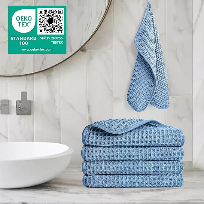 POLYTE Microfiber Lint Free Washcloth Face Towel, 13 x 13 in, 4 Pack (Waffle Weave)
