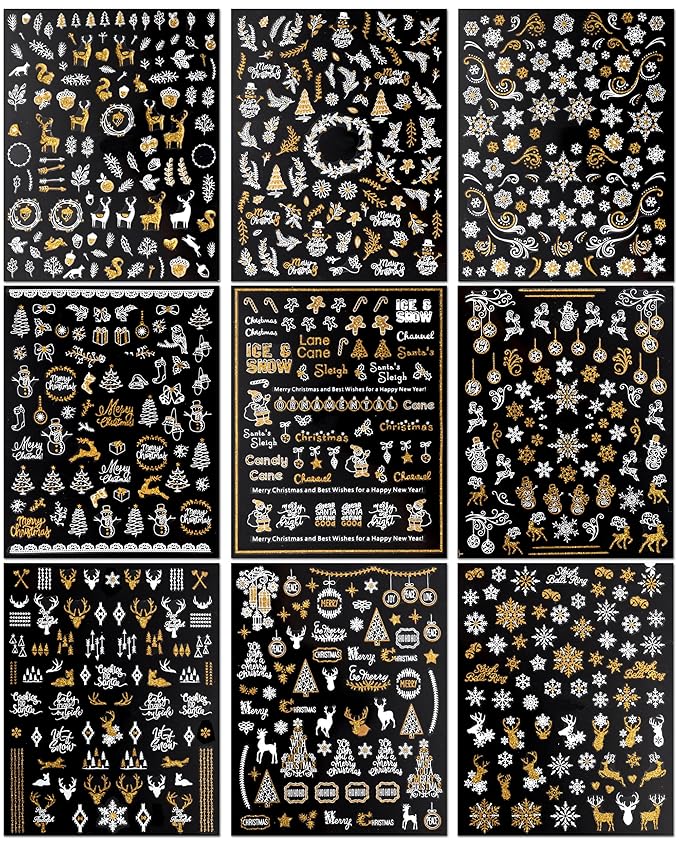 JMEOWIO 9 Sheets Christmas Nail Art Stickers Decals Self-Adhesive Pegatinas Uñas Bling Snowflake Snowman Holiday White Gold Nail Supplies Nail Art Design Decoration Accessories