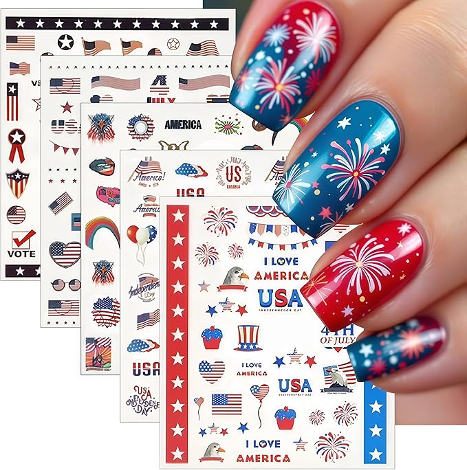 5 Sheets July 4th Nail Art Stickers 3D Self Adhesive American Flag I Love America Nail Decals Memorial Day for Women Nail Art Decoration