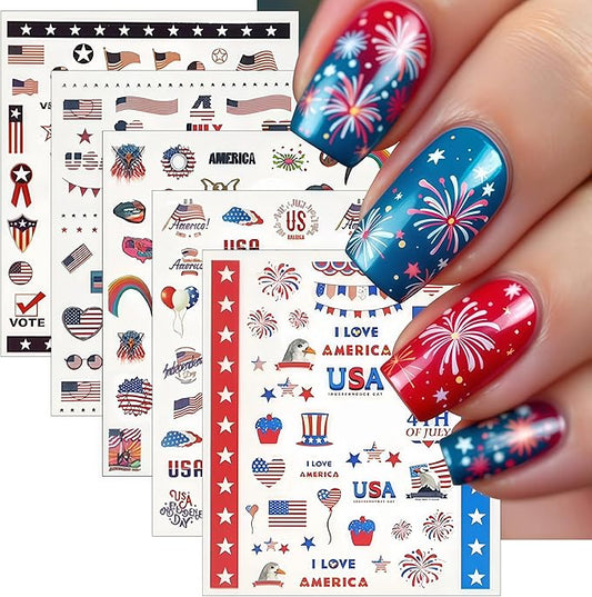 5 Sheets July 4th Nail Art Stickers 3D Self Adhesive American Flag I Love America Nail Decals Memorial Day for Women Nail Art Decoration