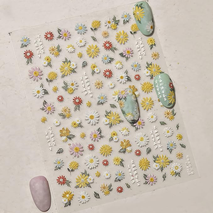 Colorful Flowers Nail Stickers 5D Self-Adhesive Embroidered Daisy Floral Design Decals Spring Daisy Flowers Nail Art Charms for Women DIY Decorations Exquisite Cardboard 1Sheets Set