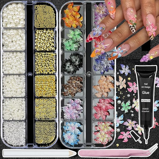 Flower Nail Art Charms with Rhinestones Glue Gel Cream Flatback Pearls Luxurious Nail Gems Supplies Accessories Gold Silver Nails Decoration Pearls for Women Nails Design