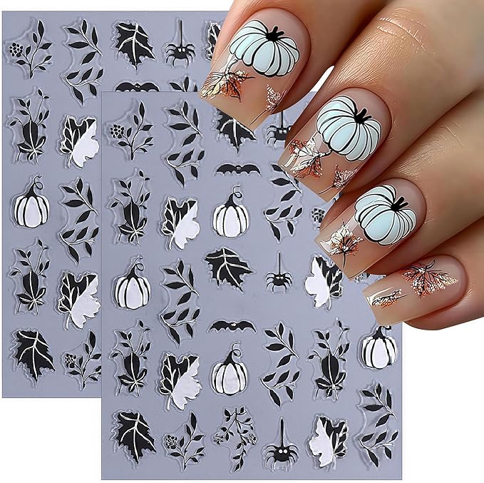 8 Sheets Halloween Nail Stickers 3D Self-Adhesive Glitter Pumpkin Ghost Black Leaf Nail Decals Gold Silver Pumpkin Spider Web Bat Design Nail Stickers for Halloween Party DIY Manicure Kit Decoration