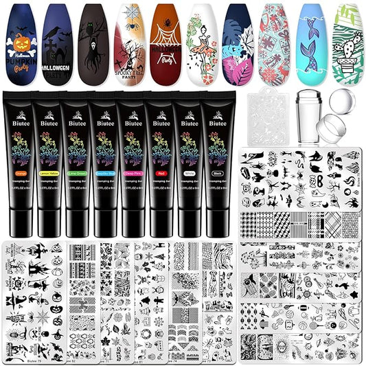 Biutee Nail Stamper Kit 22Pcs Gel Nail Stamping Kit 12Pcs Nail Stamping Plates 8Pcs Gel Stamping Polish, Silicone Stamper Scraper Flower Lace Holiday Stamp Template Halloween Christmas Gift for Women