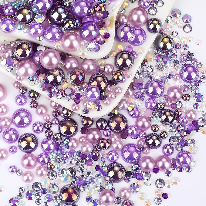 60g Purple AB Flat Back Pearls Rhinestones for Crafts Mixed Size 3mm-10mm AB Color Round Half Pearls Flatback Pearl Beads and Resin Rhinestones Set for Face Art