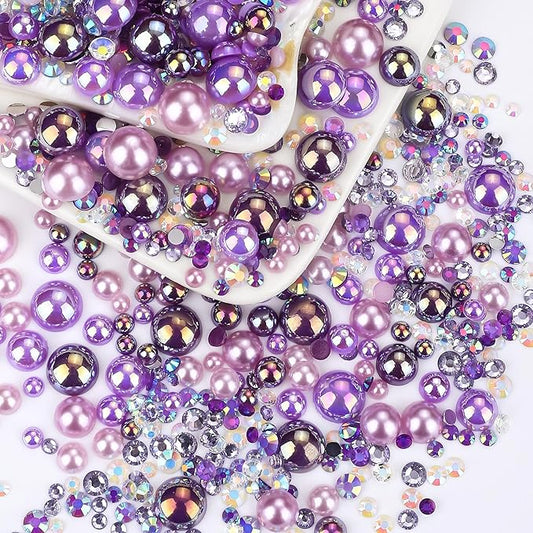 60g Purple AB Flat Back Pearls Rhinestones for Crafts Mixed Size 3mm-10mm AB Color Round Half Pearls Flatback Pearl Beads and Resin Rhinestones Set for Face Art