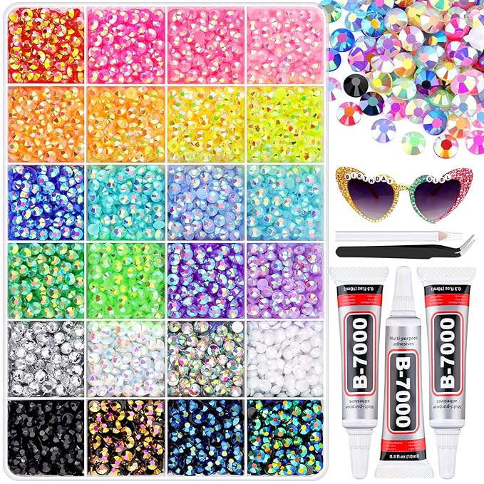 8500Pcs Resin Rhinestones for Bedazzling with B7000 Jewelry Glue, 5MM Colorful Gems Flatback Rhinestones for Crafting, Crystal for DIY Crafts Clothing Tumblers Mugs Shoes Fabric Decor Nail Art
