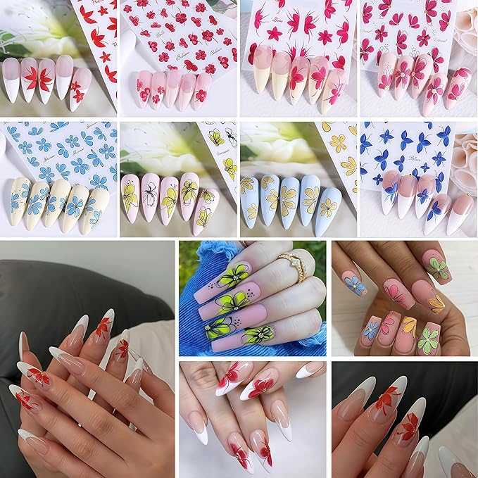 Flower Nail Art Stickers 3D Self-Adhesive Spring Summer Floral Decals Wildflower Daisy Leaf Plant Spring Colorful Flower Nail Art Supplies for Women Girls Women Girls Manicure Decoration 8 Sheets